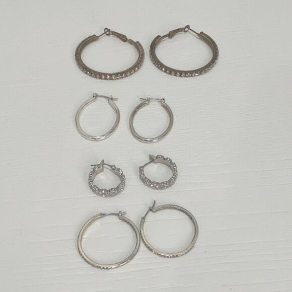 Set Of 4 Hoop Earrings In Silver Tone - Picture 1 of 6